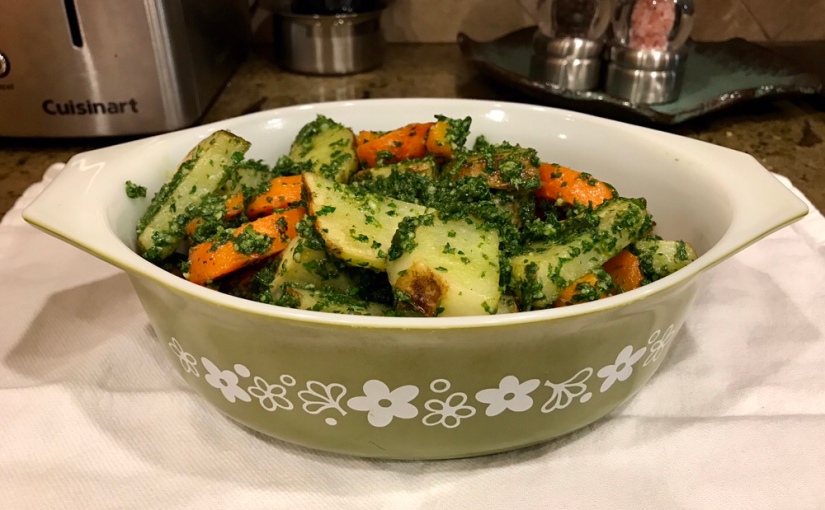 Roasted Carrots and Potatoes with Carrot Top Pesto